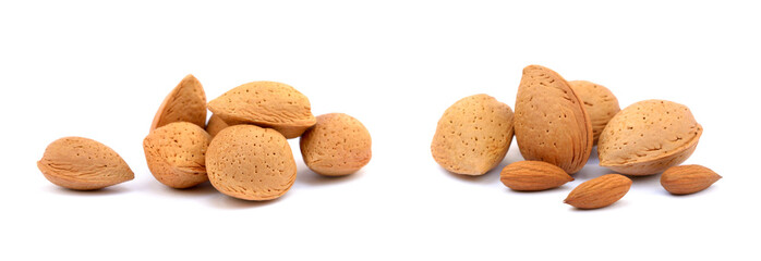  Heap of fresh almonds in shells isolated on white background