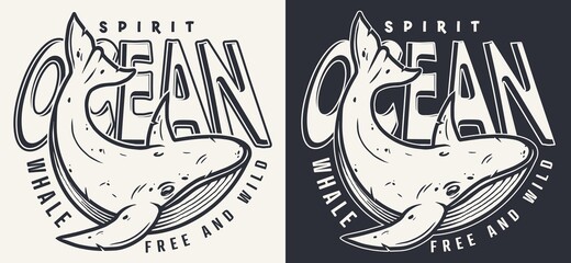 Monochrome nautical and marine labels with whale in vintage style isolated. Emblem for t-shirts. Vector © nataliakarebina