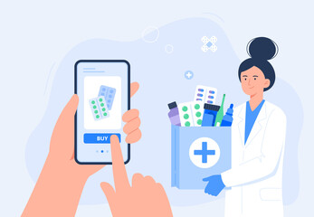 A female pharmacist with medical purchases. Online pharmacy, delivery drugs, prescription medicines order. Vector flat illustration.