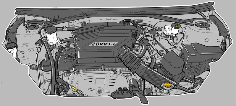 Hand drawn illustration of an engine compartment from a Toyota Rav4.