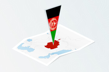 Isometric paper map of Afghanistan with triangular flag of Afghanistan in isometric style. Map on topographic background.