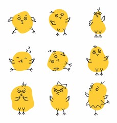 Cute cartoon chickens isolated on white background. Set of chicken icons with different characters. Vector illustration.