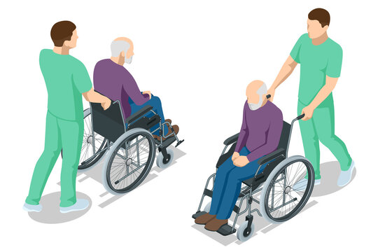Isometric elderly patient in wheelchair and his caregiver at retirement home. Doctor take care of a man patient sitting in a wheelchair in a hospital.