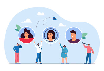 Find employee with talents by tiny hiring managers or employers. Focus on chosen best candidate by group of persons with telescope flat vector illustration. Recruitment, HR agency, career concept