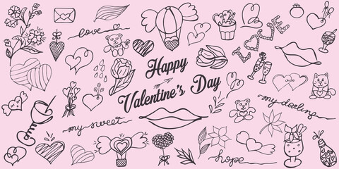 Valentine's day set. Cute hand drawn love design elements  for prints, cards and coloring page. Vector illustration in doodle style.  