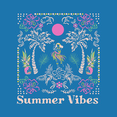 Beautiful vector of Hawaii summer island relax vibes ,palm, tree, ocean,wave,hibiscus flowern,beach design for Tshirt,fashion,cover,web and all graphic use - obrazy, fototapety, plakaty