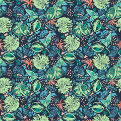 Trendy and colourful of Summer fruits green Lemon and monstera leaves brushed strokes style, seamless pattern vector 