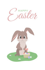 Happy Easter greeting card with cute cartoon bunny, eggs, basket and text. Concept vector illustration.