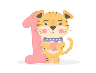 Cute tiger icon. One year. Happy birthday