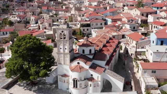 Church of Holy Cross, Pano Lefkara close Up aerial view. Traditional Cyprus Greek village