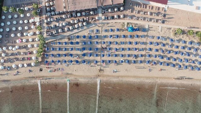 Aerial top view Tourists sunbathe on the beach sunbeds with umbrella. Sandy beach on Cyprus, Aya Napa city, mediterranean sea.