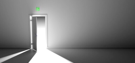 Emergency exit door ajar. Light outside and dark inside. (3D generated)