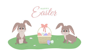Happy Easter greeting card with two cute cartoon bunnies, eggs, basket and text. Concept vector illustration.