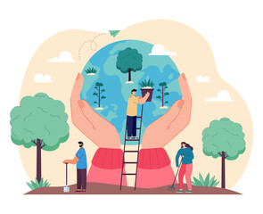 Reforestation and Earth environment protection from volunteers. Teamwork of tiny persons growing green plants and trees together flat vector illustration. Ecology, sustainable agriculture concept