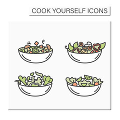 Vegetarian food color icons set.Vegetable salads with broccoli, bell pepper, mushrooms. Easy recipes for cooking at home. Isolated vector illustrations