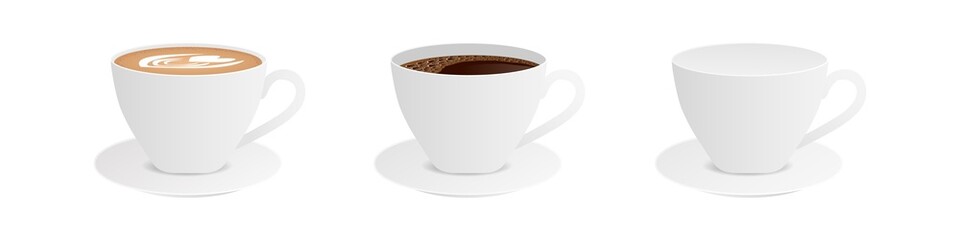 Realistic cups with cappuccino and coffee side view. Porcelain white tableware with brown hot drink with froth and heart tracery vector cream.
