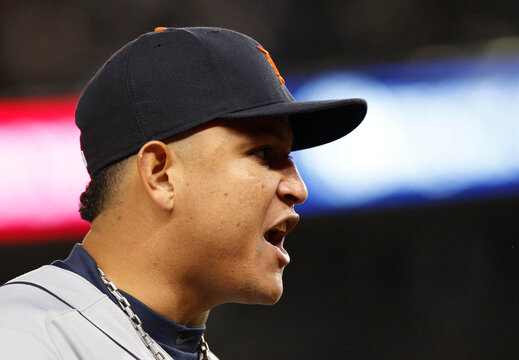Detroit Tigers third baseman Miguel Cabrera reacts after the New York Yankees scored four runs in the ninth inning during Game 1 of their MLB ALCS playoff baseball series in New York