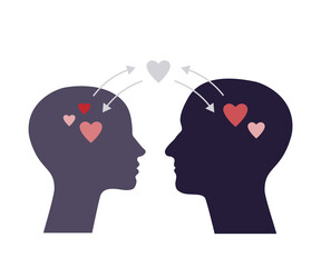 Illustration of chemistry between two people. Love hormones and attraction. Silhouette heads with hearts.