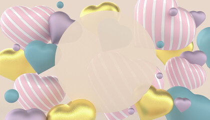 pastel background with pink blue pastel hearts and round frame. 3d rendering