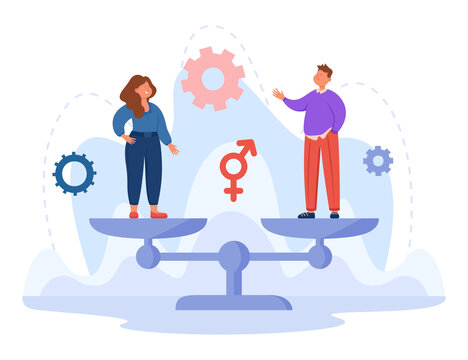 Balance Between Happy Cartoon Man And Woman On Scales. Smiling Employees, Equal Rights For People At Work Without Discrimination Flat Vector Illustration. Gender Equality, Workforce Concept