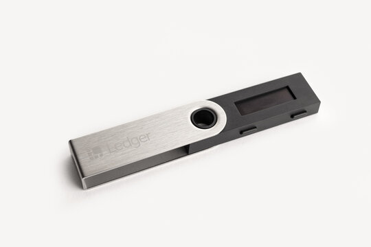 Galicia, Spain; january 18, 2022 : Ledger Nano S cryptocurrency hardware wallet isolated on white background