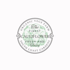 Obraz premium Cauliflower Frame Badge or Logo Template. Hand Drawn Vegetable Sketch with Retro Typography and Borders. Vintage Premium Circle Emblem Isolated
