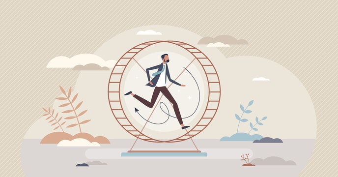 Stagnant career as running employee on hamster wheel tiny person concept. Pointless energy waste without future perspective and growth vector illustration. Professional job choice failure and crisis.
