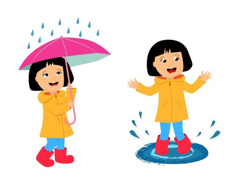Little girl character, a child with an umbrella plays in the rain and jumps in puddles, a vector illustration in a cartoon style