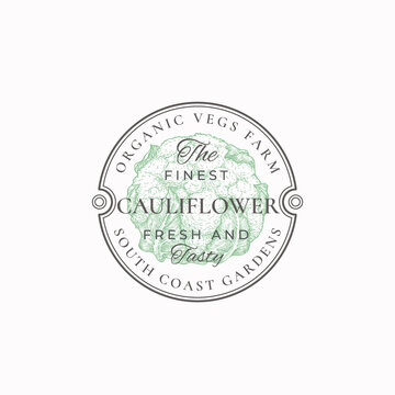 Cauliflower Frame Badge or Logo Template. Hand Drawn Vegetable Sketch with Retro Typography and Borders. Vintage Premium Circle Emblem Isolated