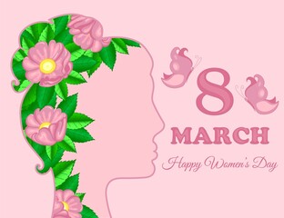 Happy Women's Day March 8 holiday illustration.Paper cut girl head silhouette cutout with hand drawn spring and flower doodles.The horizontal format design is perfect for a web banner or greeting card