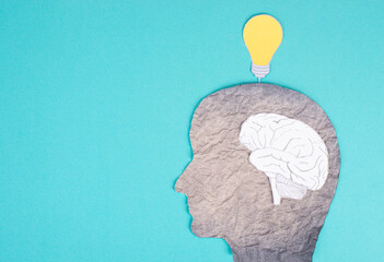 Silhouette of a man with a brain and a light bulb over the head, brainstorming new ideas, thinking...