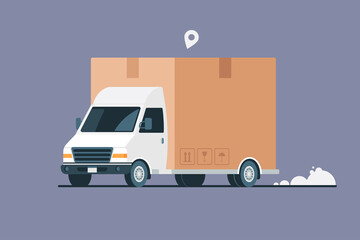 Delivery truck with a cardboard box. Moving service. Transportation business. Vector illustration in flat style. - obrazy, fototapety, plakaty