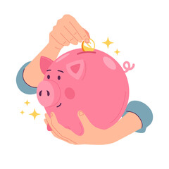 Vector illustration of money box. A hand puts a coin in a piggy bank. Cash savings concept. Accumulation of money and investments. Isolated on white.