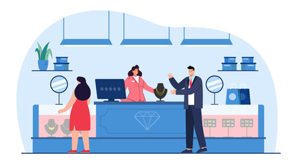 Saleswoman selling female gold accessory as gift to rich man. People buying golden jewellery on sales in boutique, shopping mall or store flat vector illustration. Jewelry, luxury, retail concept