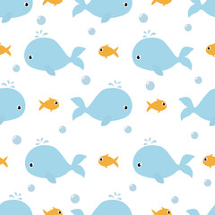 Seamless sea pattern. Cute whale and fish texture isolated on white background. Children vector illustration.