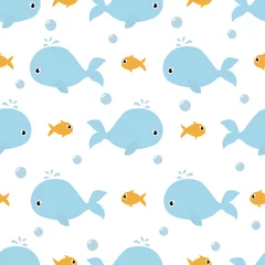 Wall murals Whale Seamless sea pattern. Cute whale and fish texture isolated on white background. Children vector illustration.