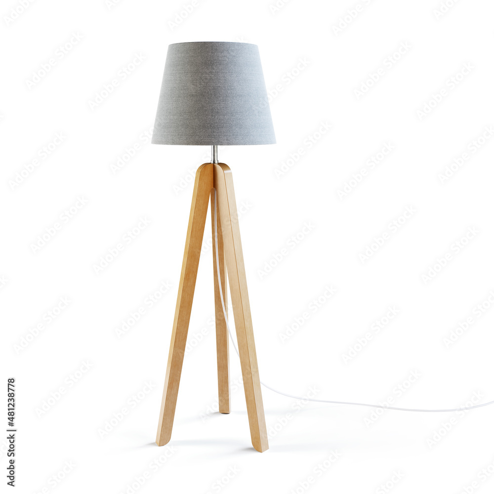 Poster wooden tripod floor loor lamp isolated on white background. clipping path included. 3d render. 3d il