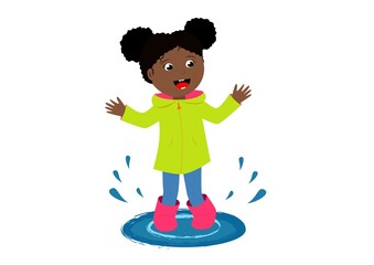 Little dark-skinned girl, a child with an umbrella plays in the rain and jumps in puddles, a vector illustration in a cartoon style