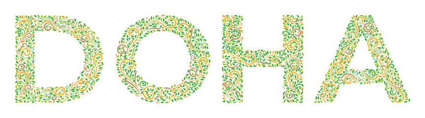 Word Doha - capital city Qatar country, in arabic ornaments in oriental style on a white. Lettering with ethnic ornament