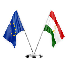 Two table flags isolated on white background 3d illustration, european union and tajikistan