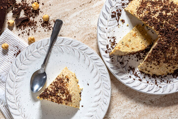 A slice of homemade zuccotto with chocolate and hazelnuts.