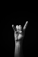 B+W image of hand demonstrating Chinese sign language letter T isolated against black background