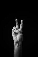 B+W image of hand demonstrating Chinese sign language letter V isolated against black background