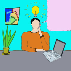 Working on the computer at home. Freelancer. Business. Interesting idea from a firm employee.