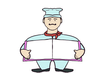 The chef holds up a blank menu. the chef holds up a blank sheet. Flat image.