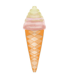 Ice cream with a waffle tube on a white background with pink icing. 