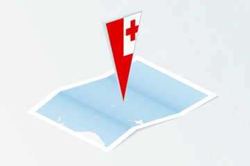 Isometric paper map of Tonga with triangular flag of Tonga in isometric style. Map on topographic background.