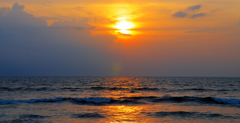 Seascape on a sunset, Horizon over the water. Wide photo.
