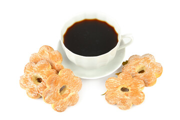 Cup of coffee and appetizing biscuits isolated on white background.