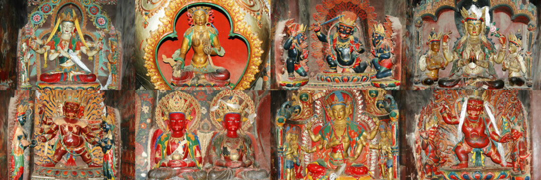Set of tibetan deities statues in the tibetan monastery in China